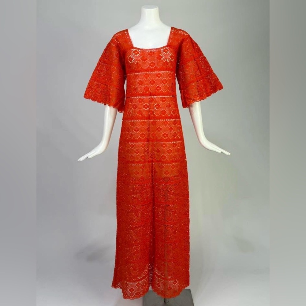 Vintage 1960s Orange Crochet Lace Maxi dress. M-L.